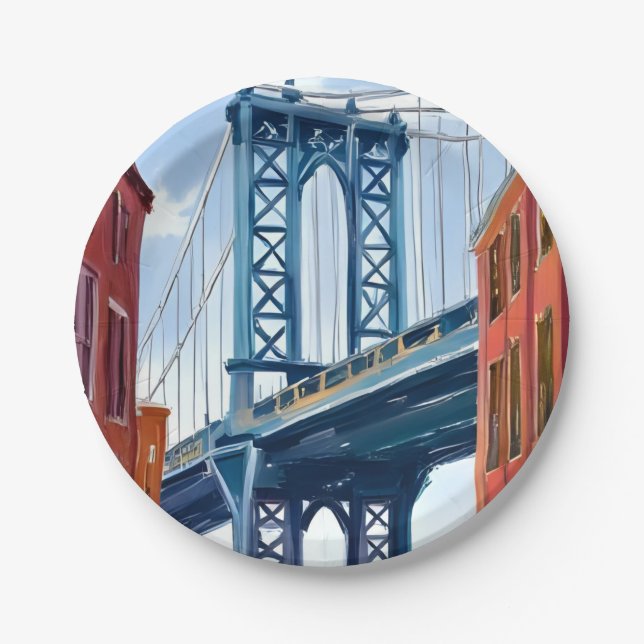 Manhattan Bridge New York City Painting Pappteller (Vorderseite)