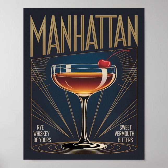 Manhattan Cocktail Art Deco Navy Blue Bar Poster (Vorne)