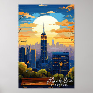 Manhattan New York Art Vintage Illustration Poster