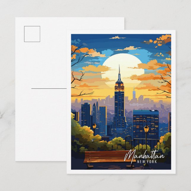 Manhattan New York Art Vintage Illustration Postkarte (Vorne/Hinten)