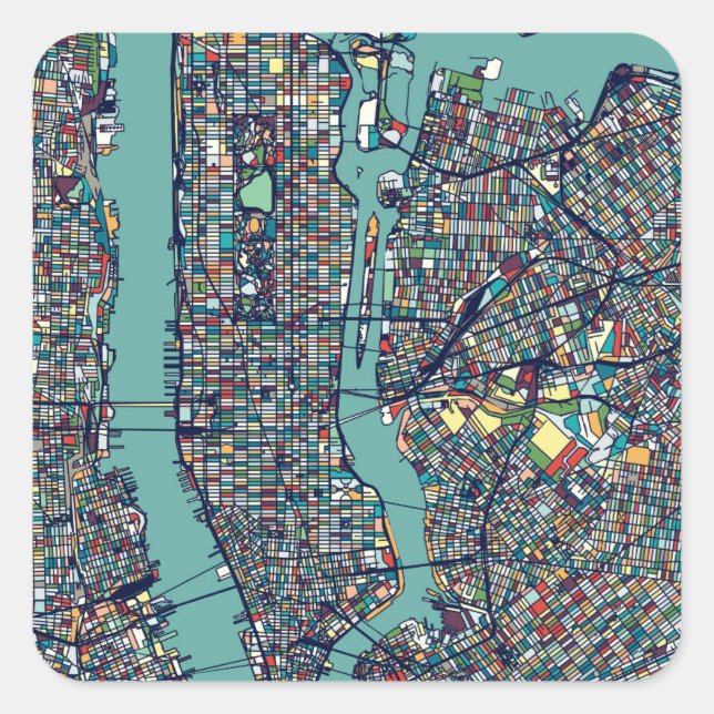 Manhattan New York Map Quadratischer Aufkleber (Vorderseite)
