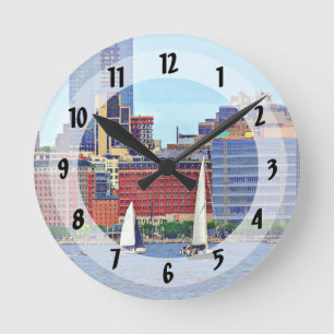 Manhattan NY - Drei Boote von Manhattan Skyline Runde Wanduhr