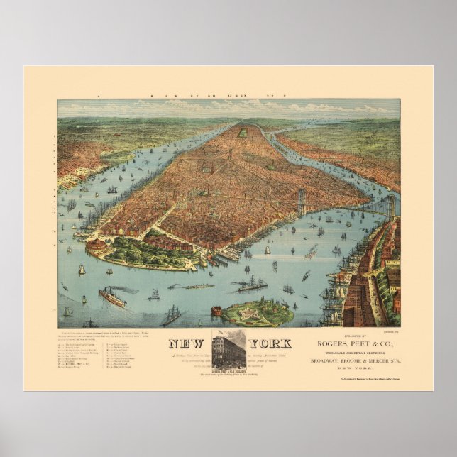Manhattan, NY Panoramic Map - 1879 Poster (Vorne)