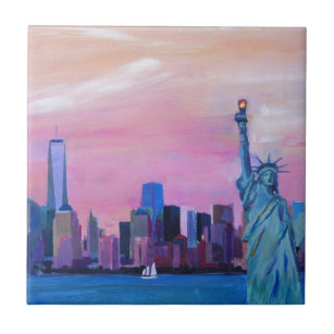 Manhattan-Skyline mit Freiheitsstatuen Fliese
