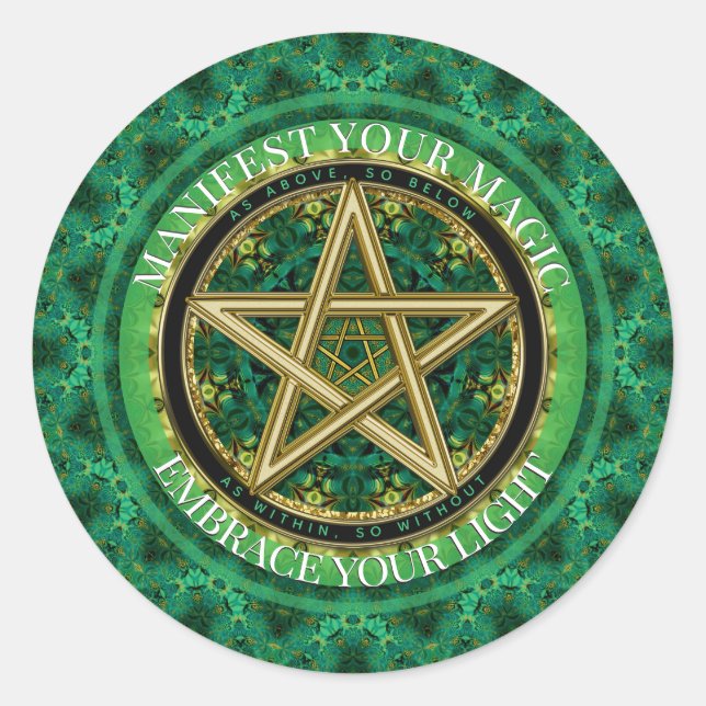 Manifest Your Magic Golden Pentacle Nature Green Runder Aufkleber (Vorderseite)