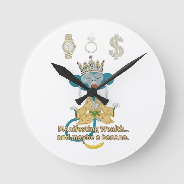 Manifesting Wealth Affe Zen-Kunst Runde Wanduhr (Vorderseite)