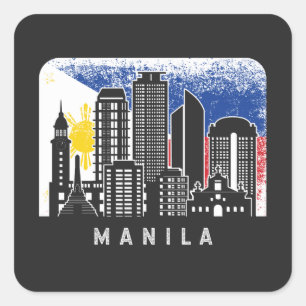 Manila NCR Skyline Vintage Philippinen Flagge Quadratischer Aufkleber
