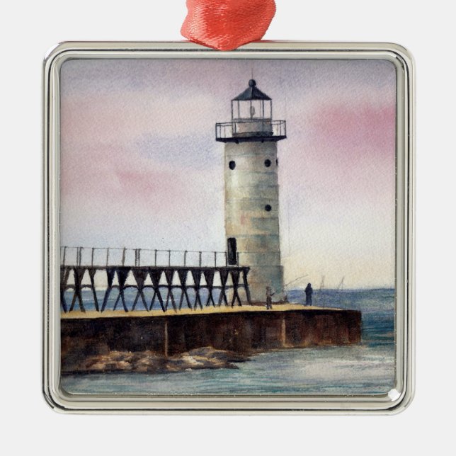 Manistee NordPierhead Leuchtturm-Verzierung Silbernes Ornament (Vorne)