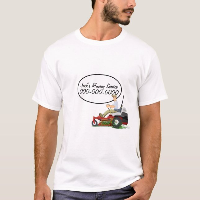 Mann auf dem Rasenmäher für Landschaftsbau T-Shirt (Vorderseite)
