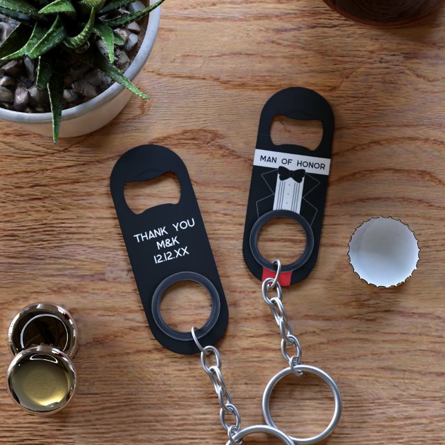 Mann der Ehre Tuxedo Wedding Schlüsselanhänger Fla Mini Flaschenöffner (Thank your Man of Honor with this useful keychain bottle opener. Just add your text)