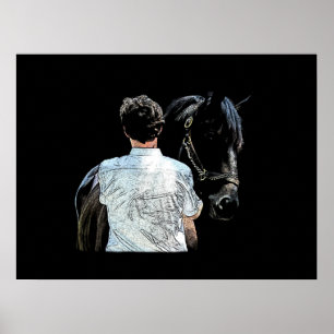 Mann, der ein schwarzes Pferd hält Poster