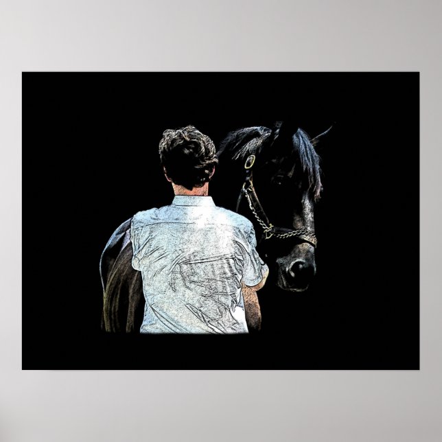 Mann, der ein schwarzes Pferd hält Poster (Vorne)