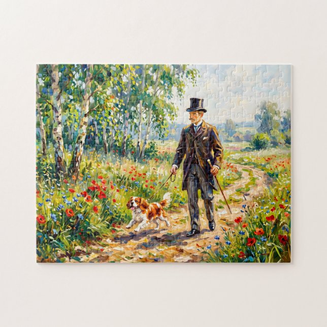 Mann, der Feldweg mit Cavalier Spaniel entlangläuf Puzzle (Horizontal)