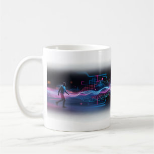Mann, der in ein neonfarbenes digitales Wellenfeld Kaffeetasse