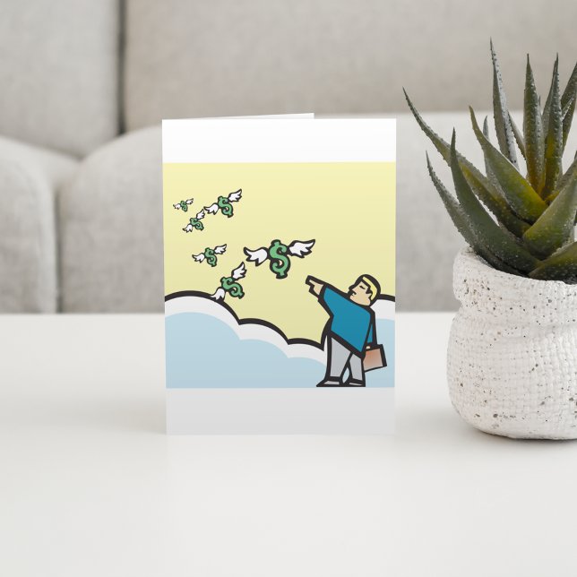 Mann, der mit Flügeln auf Geld zeigt Karte (Von Creator hochgeladen)