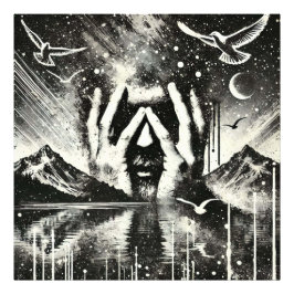 Mann, der seinen Kopf in den Palmen hält, schwarz Fotodruck