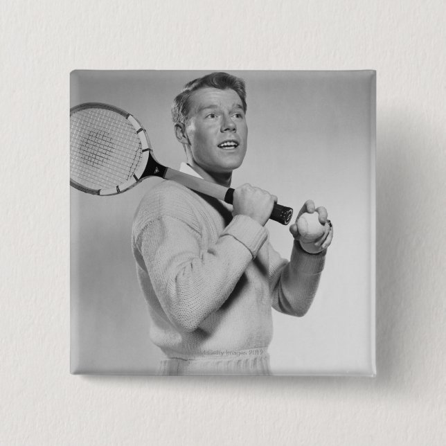 Mann, der Tennis-Schläger hält Button (Vorderseite)
