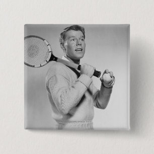 Mann, der Tennis-Schläger hält Button