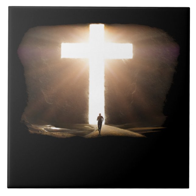 Mann, der zu glühendem Christlichen Kreuz Jesu füh Fliese (Vorderseite)