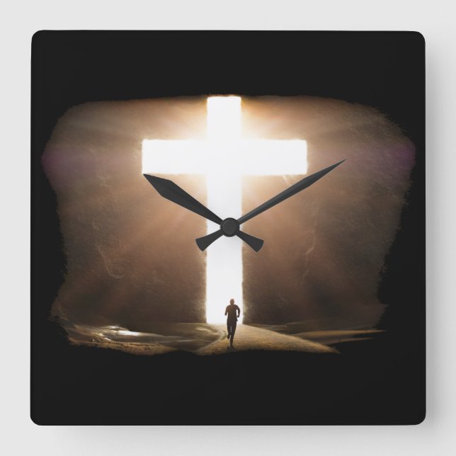 Mann, der zu glühendem Christlichen Kreuz Jesu füh Quadratische Wanduhr (Vorderseite)