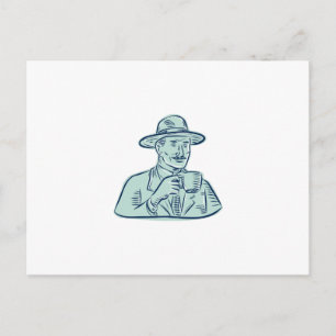 Mann Fedora Hut trinkt Kaffee Radierung Postkarte