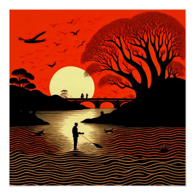 Mann fischen bei Sonnenuntergang Poster (Vorderseite)
