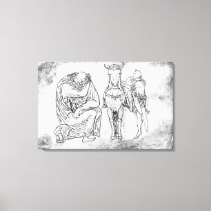 Mann gesetzt, Ritter, der sein Pferd anbringt Leinwanddruck