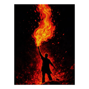 Mann hält riesige Feuerfackel Dramatische Silhouet Poster