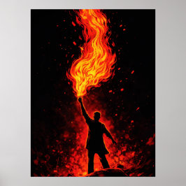 Mann hält riesige Feuerfackel Dramatische Silhouet Poster