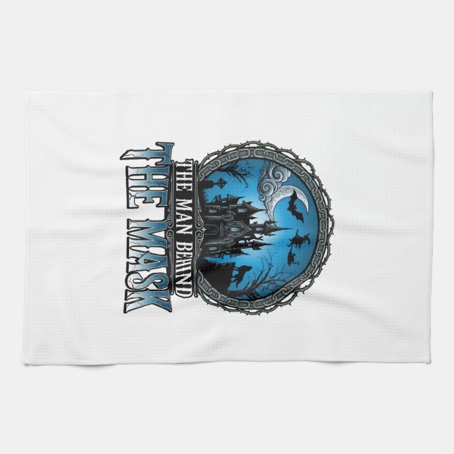 Mann hinter Maske Halloween Spukhaus Hexe_1 Geschirrtuch (Horizontal)
