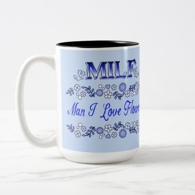 Mann I Liebe Blume Blauer Text 2 Zweifarbige Tasse (Links)
