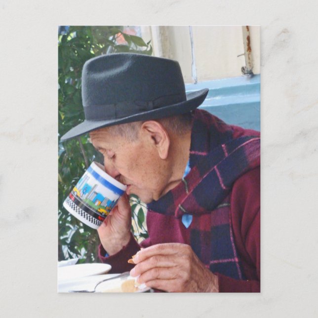 Mann im Cafe - Erste Pokale des Kaffees Postkarte (Vorderseite)