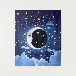 Mann im Mond vor einem sternenklaren Hintergrund Wandteppich
