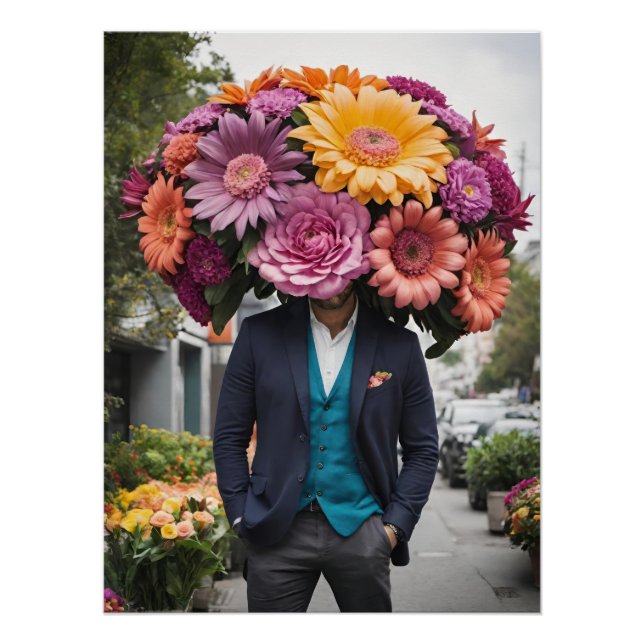 Mann in Anzug mit Blumen auf dem Kopf Poster (Vorderseite)