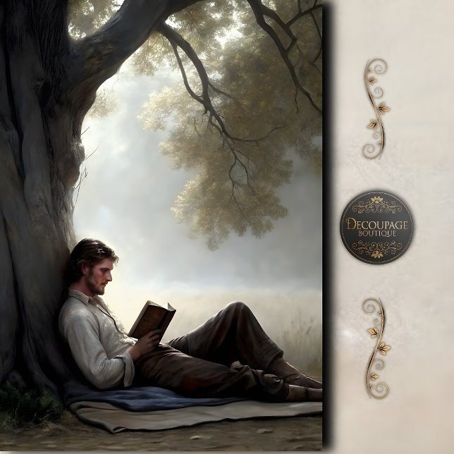 Mann liest unter Baum Szenen-Decoupage Seidenpapier (Man Reading Under Tree Scene Decoupage Tissue Paper)