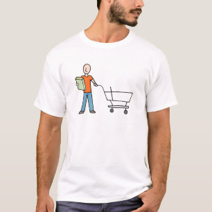 Mann liest Verpackungslabel Einkaufswagen T-Shirt
