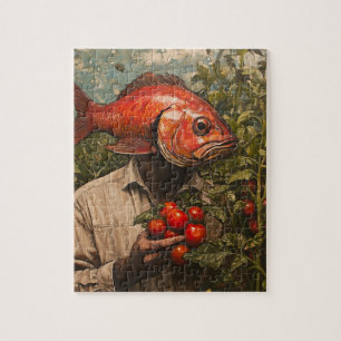 Mann mit Fisch Für einen Kopf im Tomatengarten Puzzle