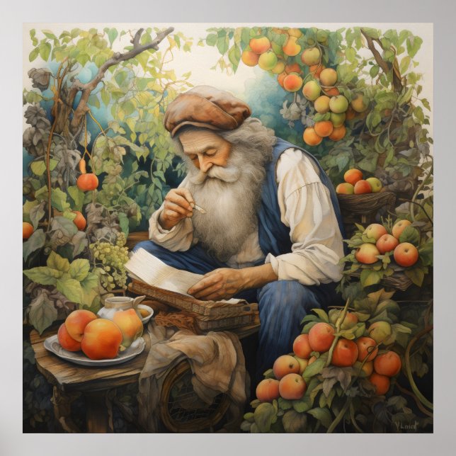 Mann mit grauem Bart, der in seinem Obstgarten lie Poster (Vorne)