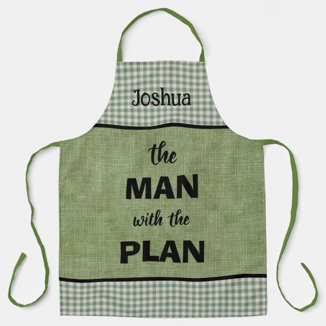 Mann mit Mit Monogramm Plan Green+Gingham Karo Schürze (Vorderseite)