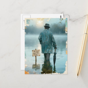 Mann mit Regenschirm Bitte nicht die Fische streic Postkarte