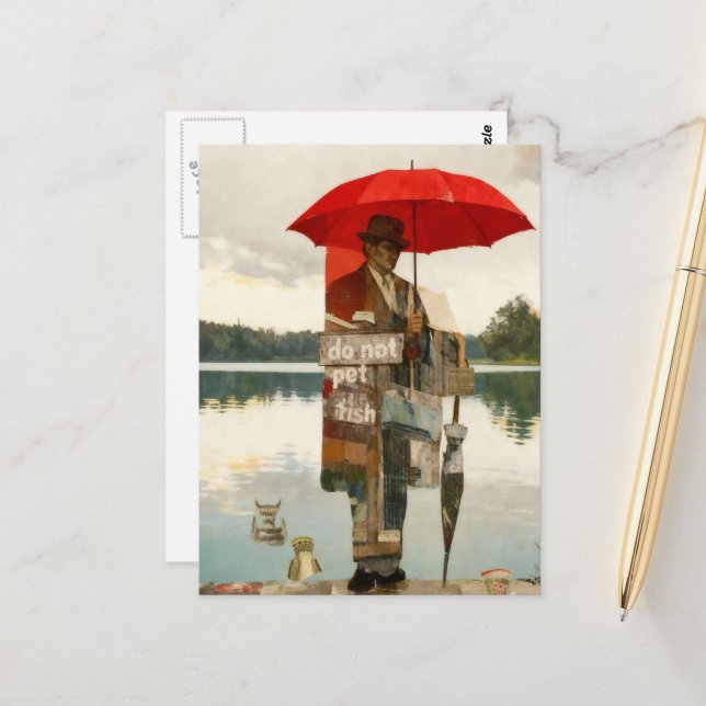 Mann mit Regenschirmen Berühren Sie die Fische nic Postkarte (Vorderseite/Rückseite Beispiel)