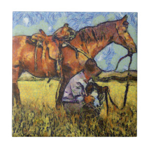 Mann, Pferd und Hund Fliese