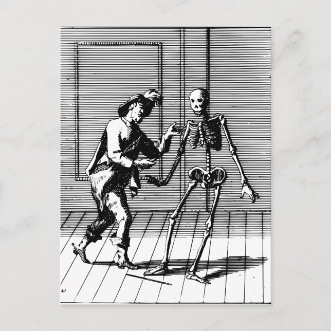 Mann schlägt einem Skelett vor Postkarte (Vorderseite)