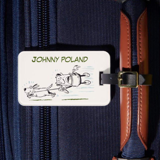 Mann Spazierengehen mit einem lustigen spielerisch Gepäckanhänger (Vorderseite Insitu 4)