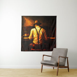 Mann spielt Klavier von hinten Impasto-Ölgemälde Wandteppich