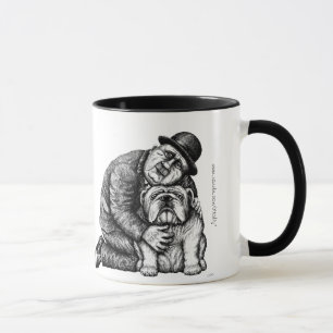 Mann und Bulldogge schwärzen den Stift mit Tinte, Tasse