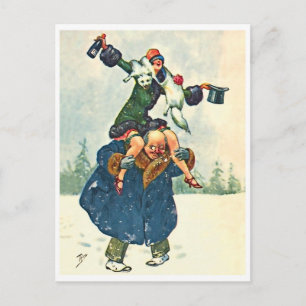 Mann und Frau feiern Neujahr, lustige Vintage Postkarte