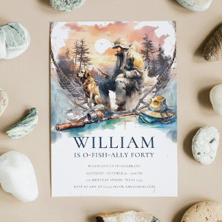 Mann und Hund Erwachsene zum Geburtstag fischen Einladung