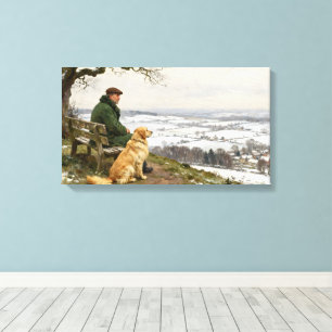 Mann und Hund genießen den winterlichen Landschaft Leinwanddruck