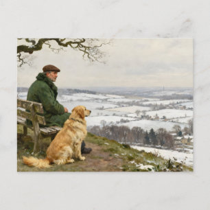 Mann und Hund genießen den winterlichen Landschaft Postkarte